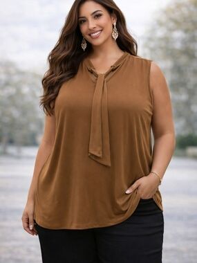 Susan Graver Liquid Knit Top Women 5X Brown Sleeveless Tie Neck Blouse Plus Size